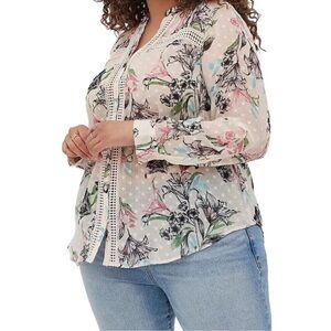 Torrid Chiffon Clip Dot W/ Lace Inset V Neck Top Floral Pink Size 4x